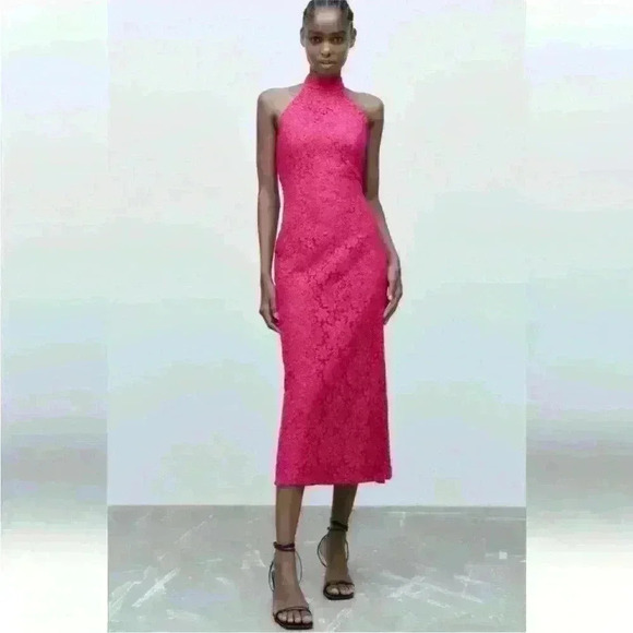 NWOT Zara Pink Fuchsia long midi lace halter dress size L Bloggers Favorite - Picture 3 of 10